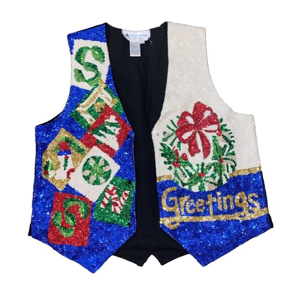 Ana Mori Vintage Sequin Seasons Greetings Christmas Vest Unisex Size Large - Picture 1 of 15